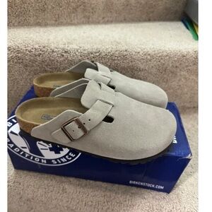 Birkenstock Boston taupe suede mule clogs